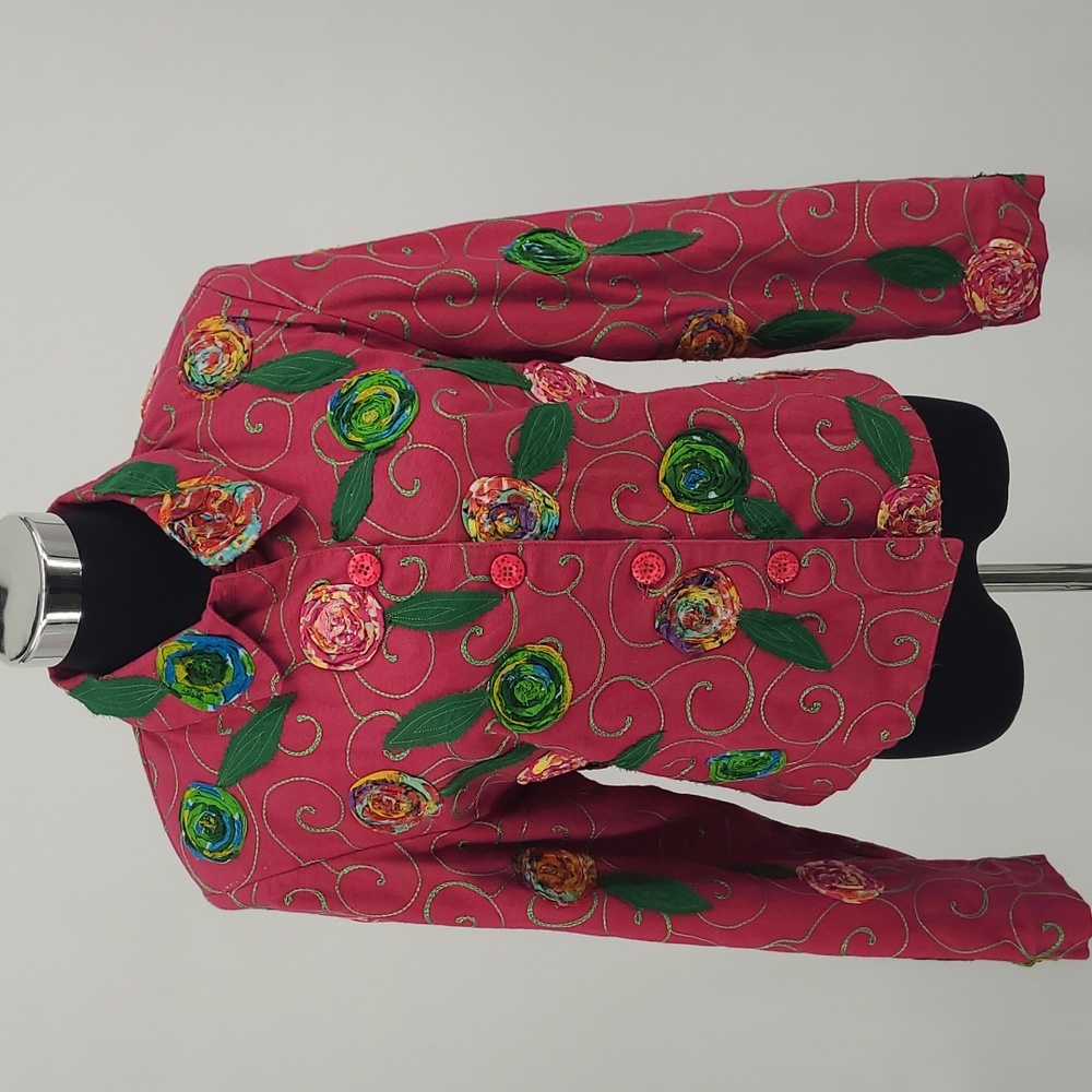 Vintage Anage Hot Pink Crop‎ Jacket Hand Stitched Floral Design Women's Sz Small